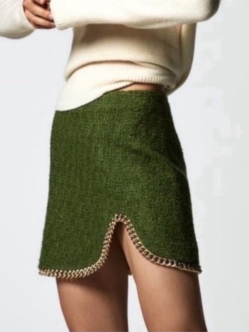 ZARA Green Tweed Gold Chain trim Mini Skirt